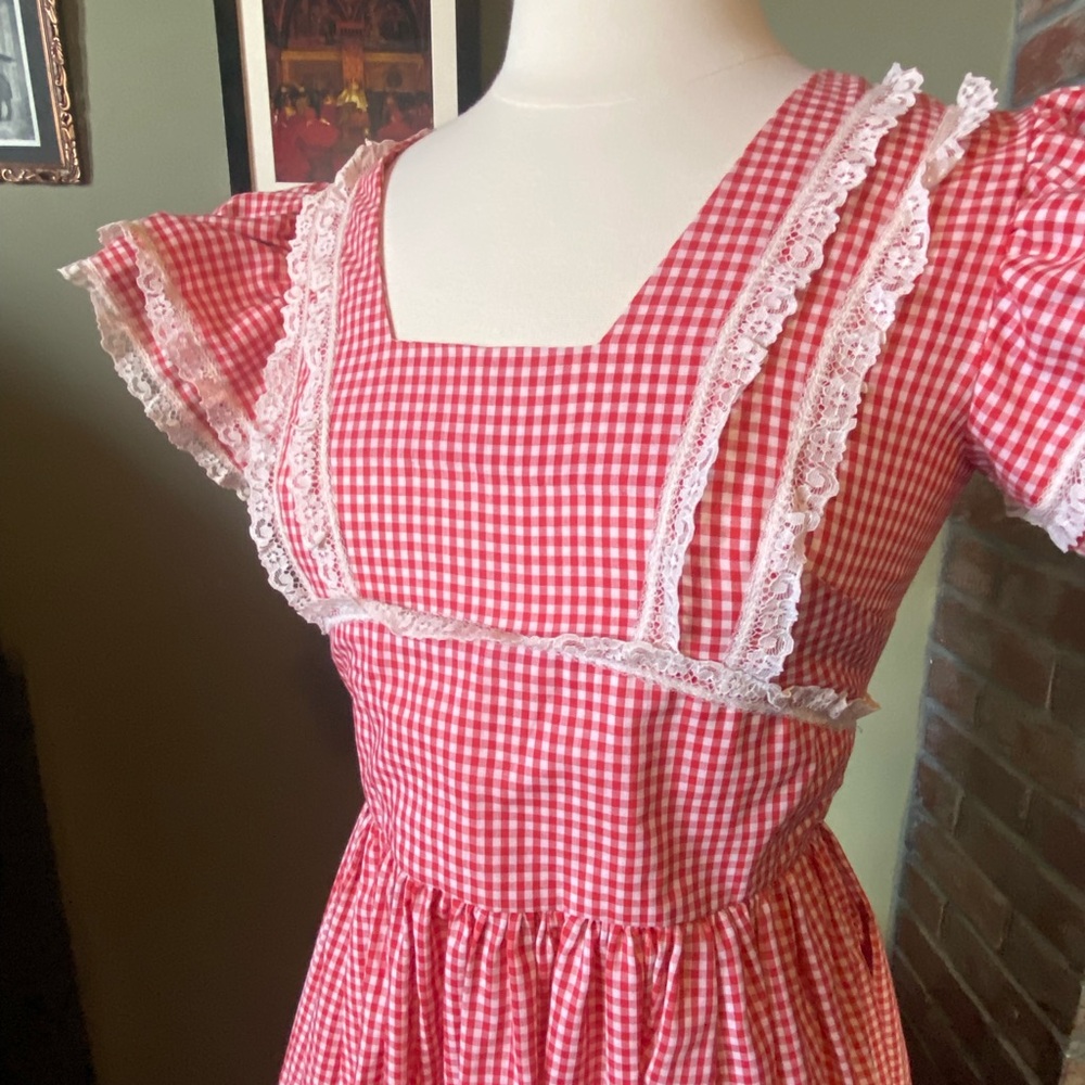 Red Gingham Dress with Lace Trim
